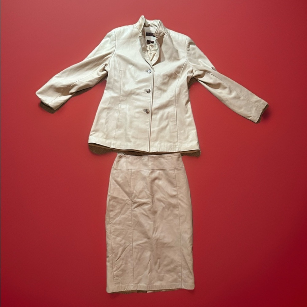 Vintage Luxury Danier Genuine Cream Leather Skirt Suit Size Large Size 12 - Picture 2 of 8